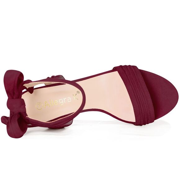 Women's Open Toe Ankle Tie Back Chunky Heel Burgundy Sandals - Picture 4 of 6